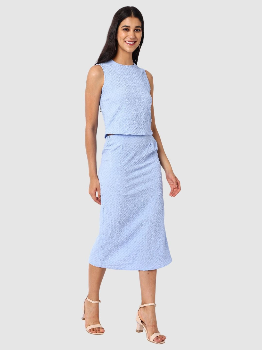 Women's Blue Textured Top and Skirt Coordinates