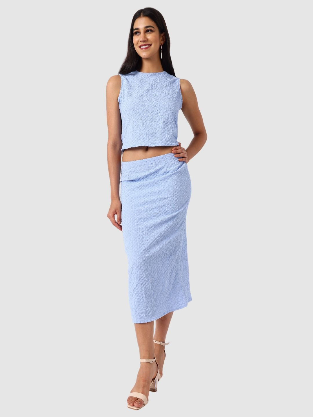 Women's Blue Textured Top and Skirt Coordinates