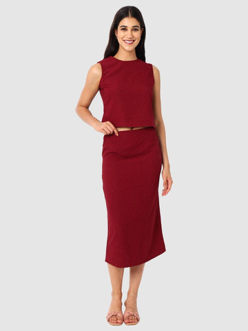 Women's Maroon Textured Top and Skirt Coordinates