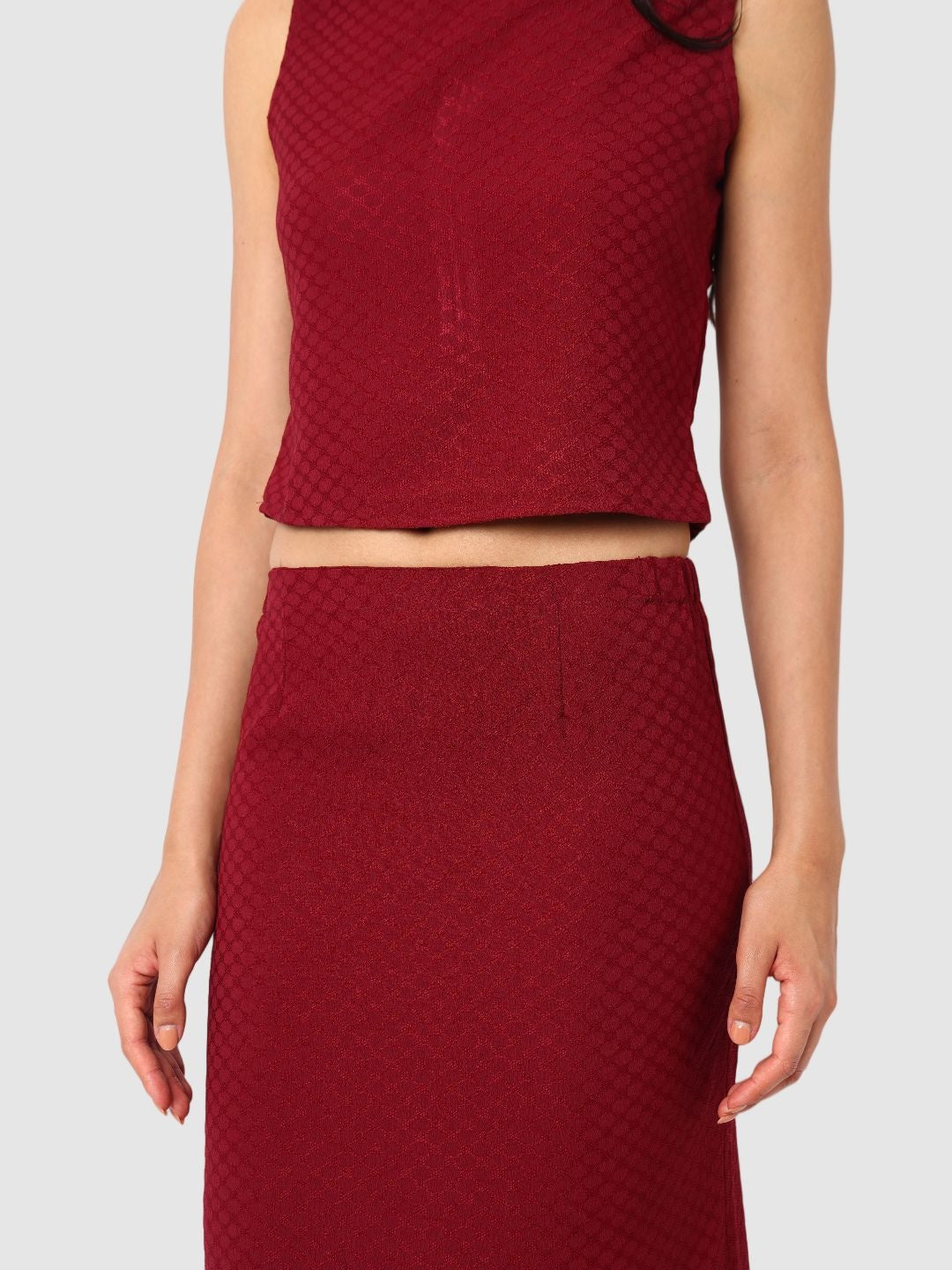 Women's Maroon Textured Top and Skirt Coordinates