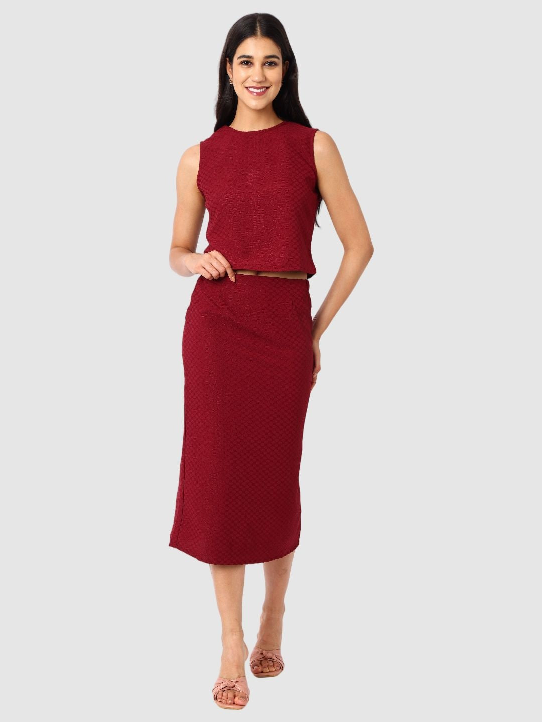 Women's Maroon Textured Top and Skirt Coordinates