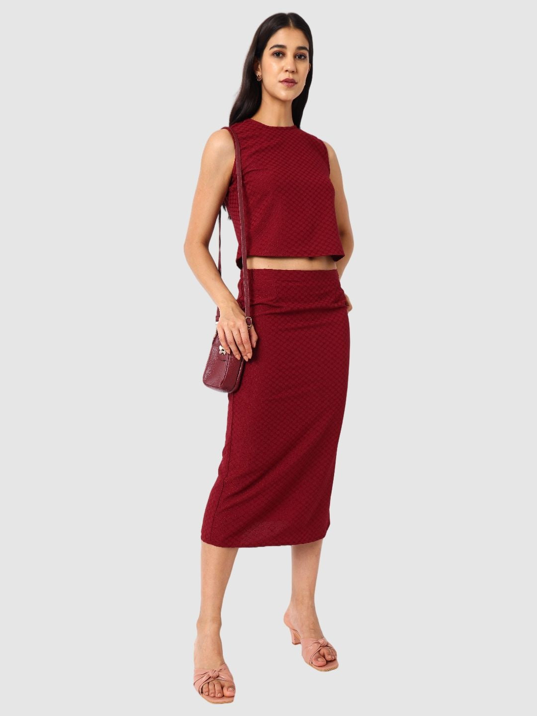 Women's Maroon Textured Top and Skirt Coordinates