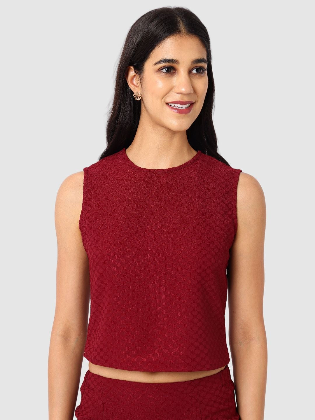 Women's Maroon Textured Top and Skirt Coordinates