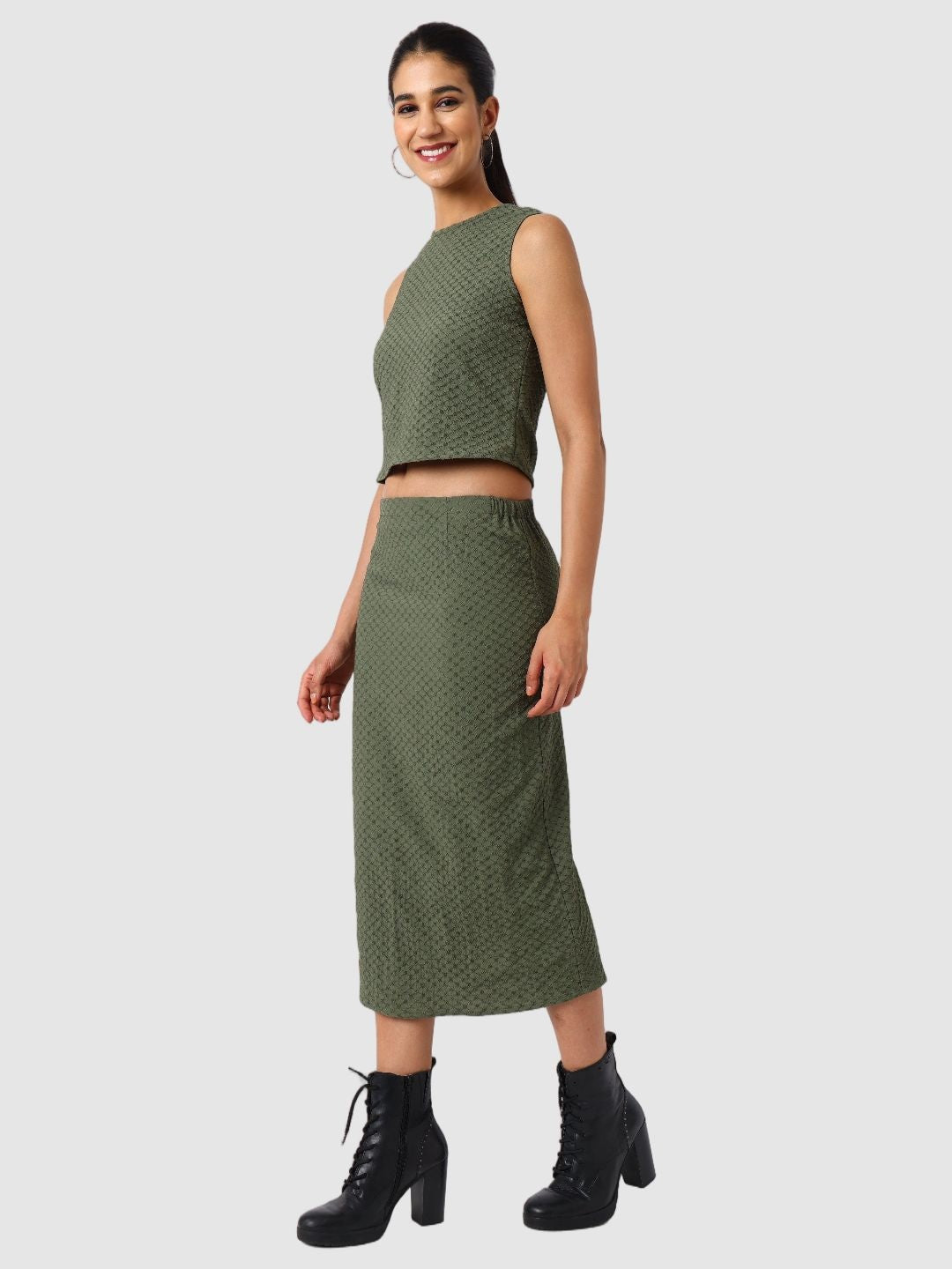 Women's Green Textured Top and Skirt Coordinates