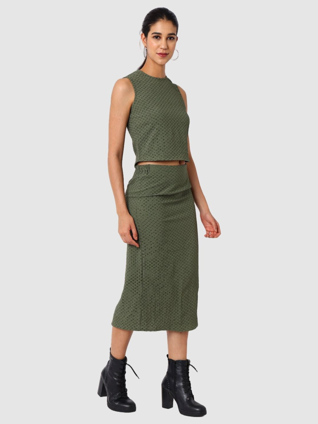Women's Green Textured Top and Skirt Coordinates