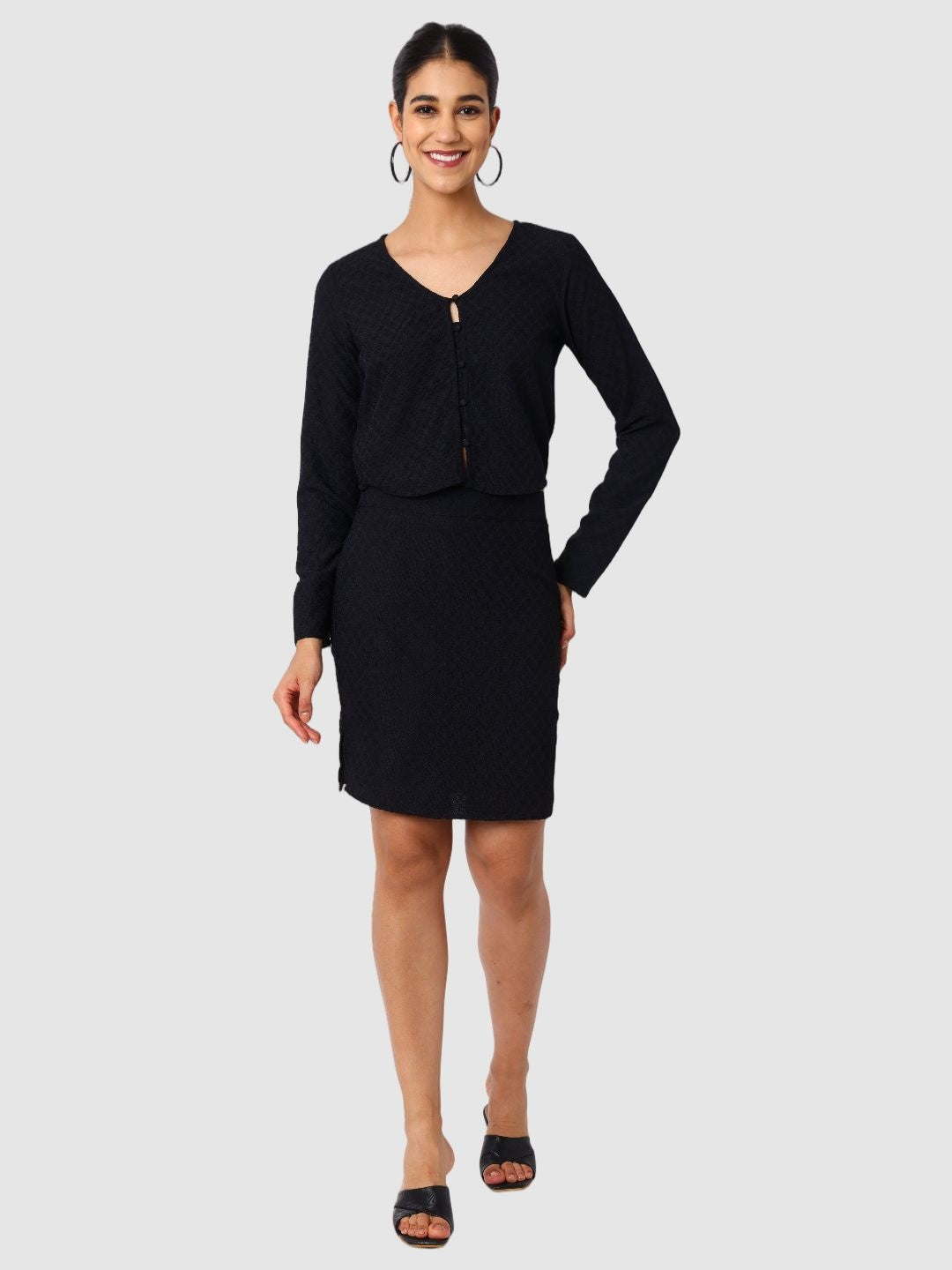 Women's Black Textured Top and Skirt Coordinates