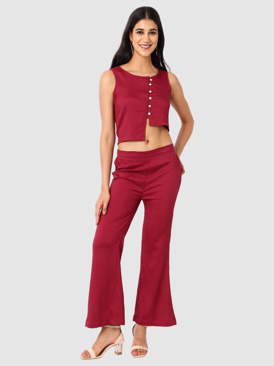 Women's Maroon and Flared Textured Top and Pant Coordinates