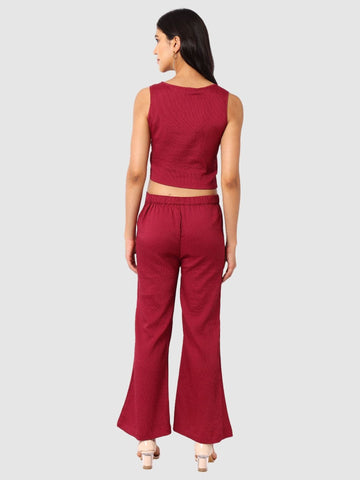 Women's Maroon and Flared Textured Top and Pant Coordinates
