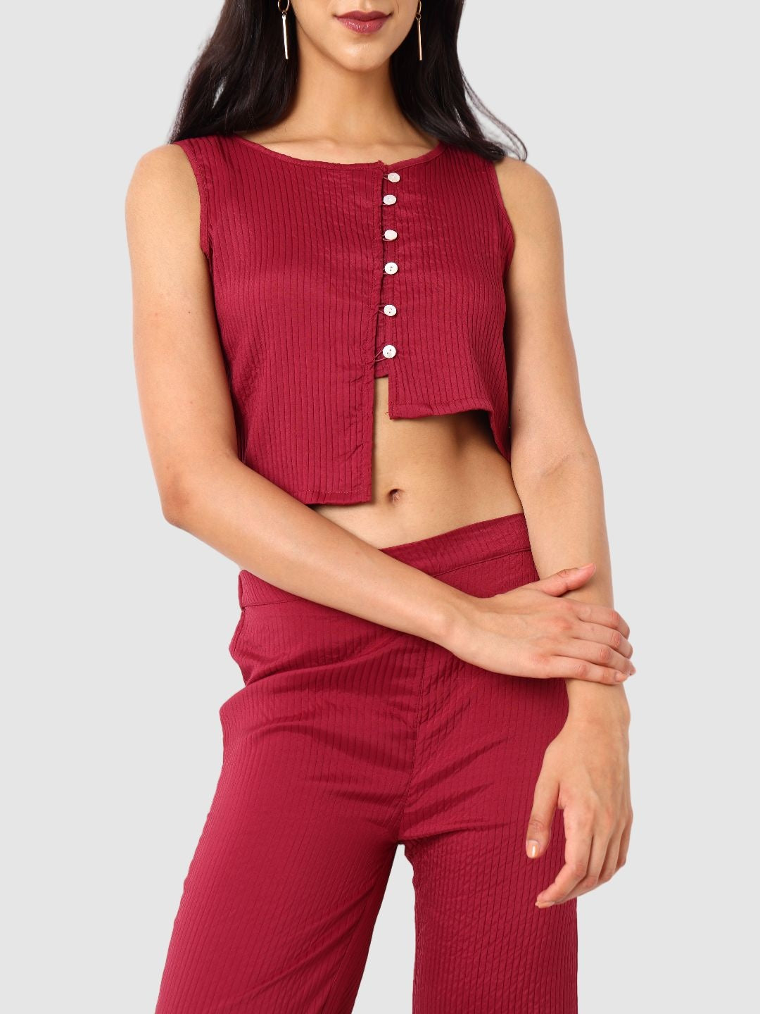 Women's Maroon and Flared Textured Top and Pant Coordinates