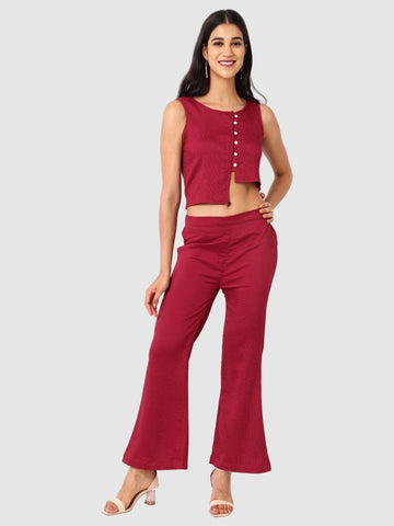 Women's Maroon and Flared Textured Top and Pant Coordinates