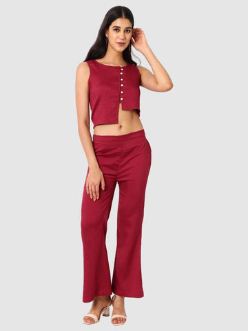 Women's Maroon and Flared Textured Top and Pant Coordinates