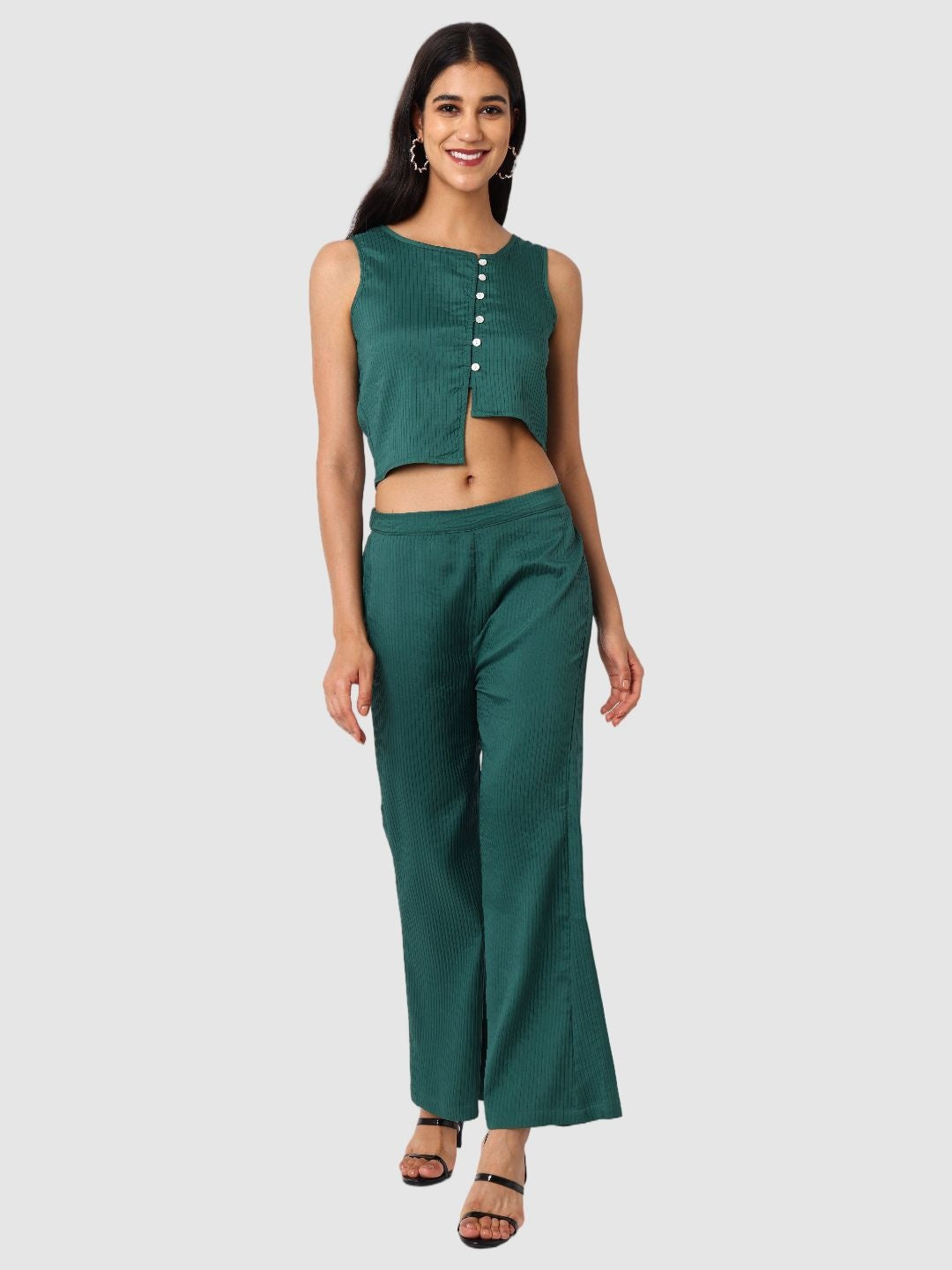 Women's Green and Flared Textured Top and Pant Coordinates