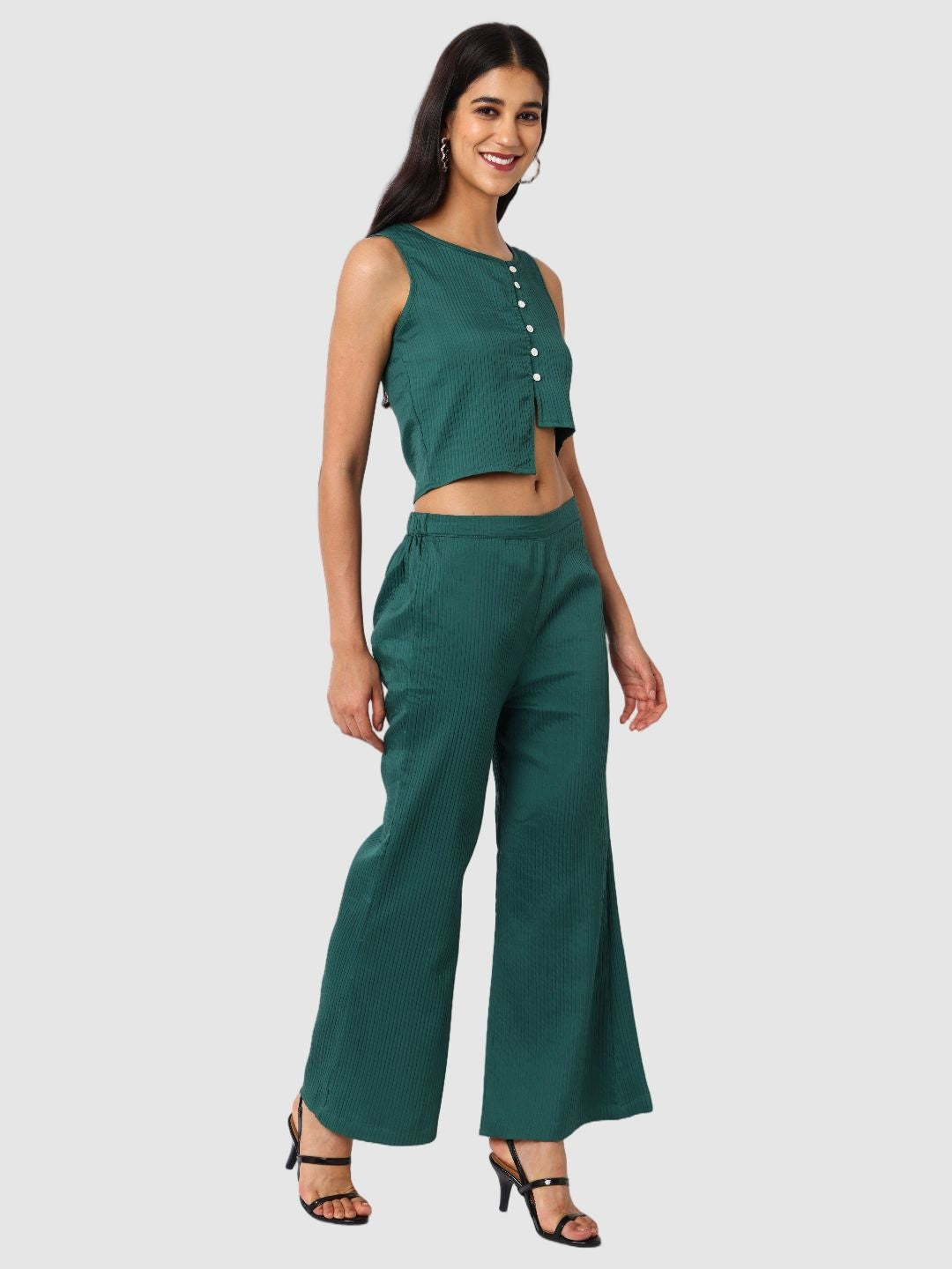 Women's Green and Flared Textured Top and Pant Coordinates