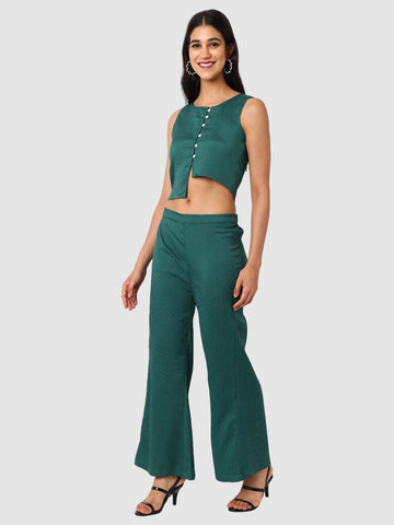 Women's Green and Flared Textured Top and Pant Coordinates