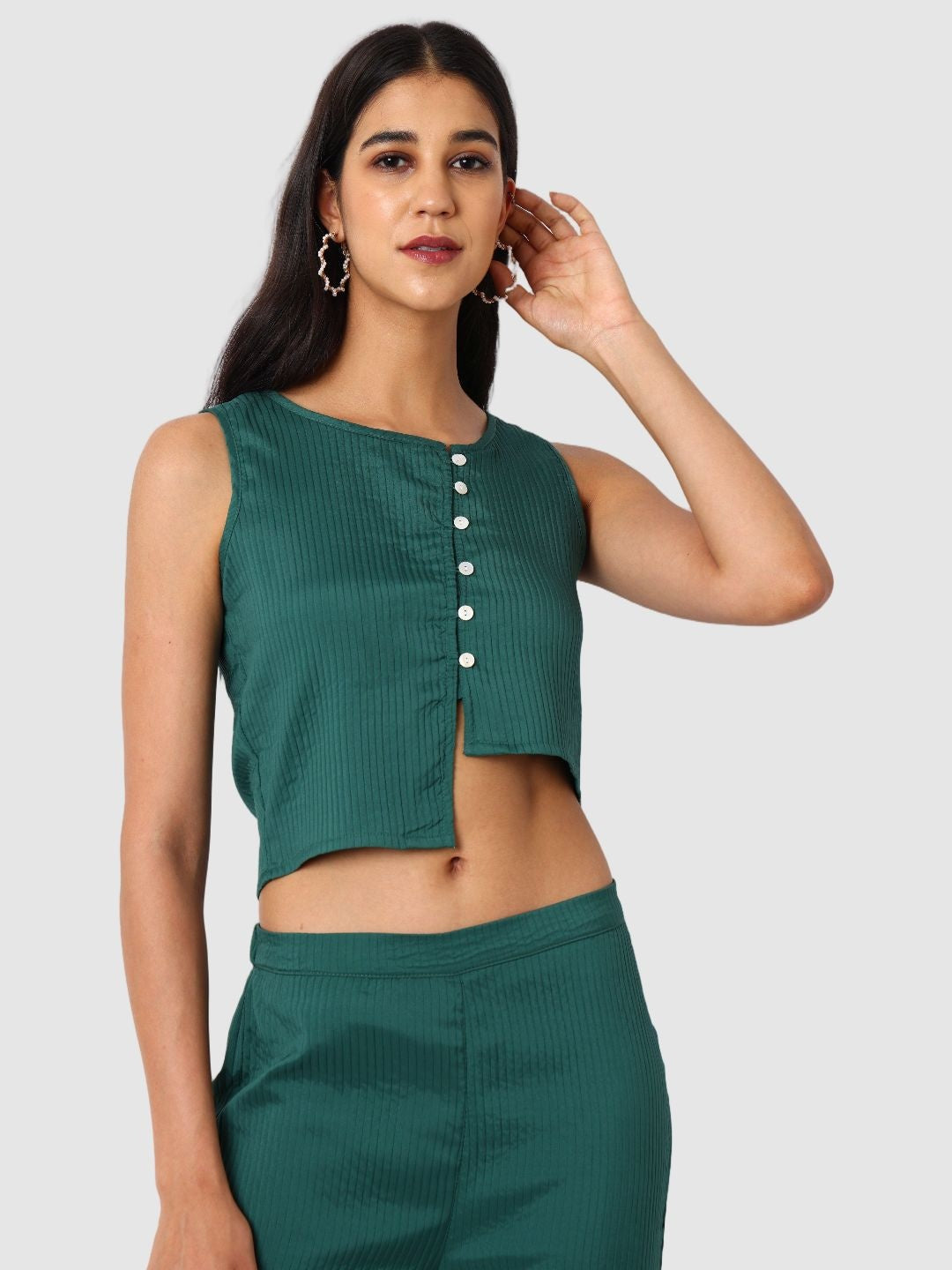 Women's Green and Flared Textured Top and Pant Coordinates