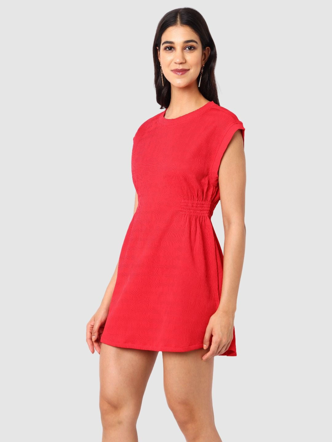Women's Red Fit Textured Mini Dress