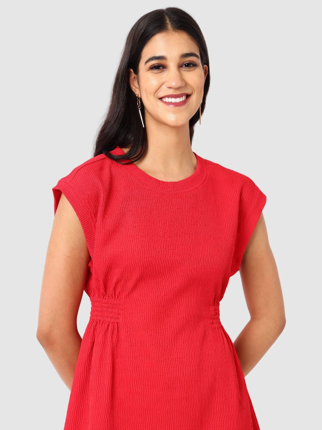 Women's Red Fit Textured Mini Dress