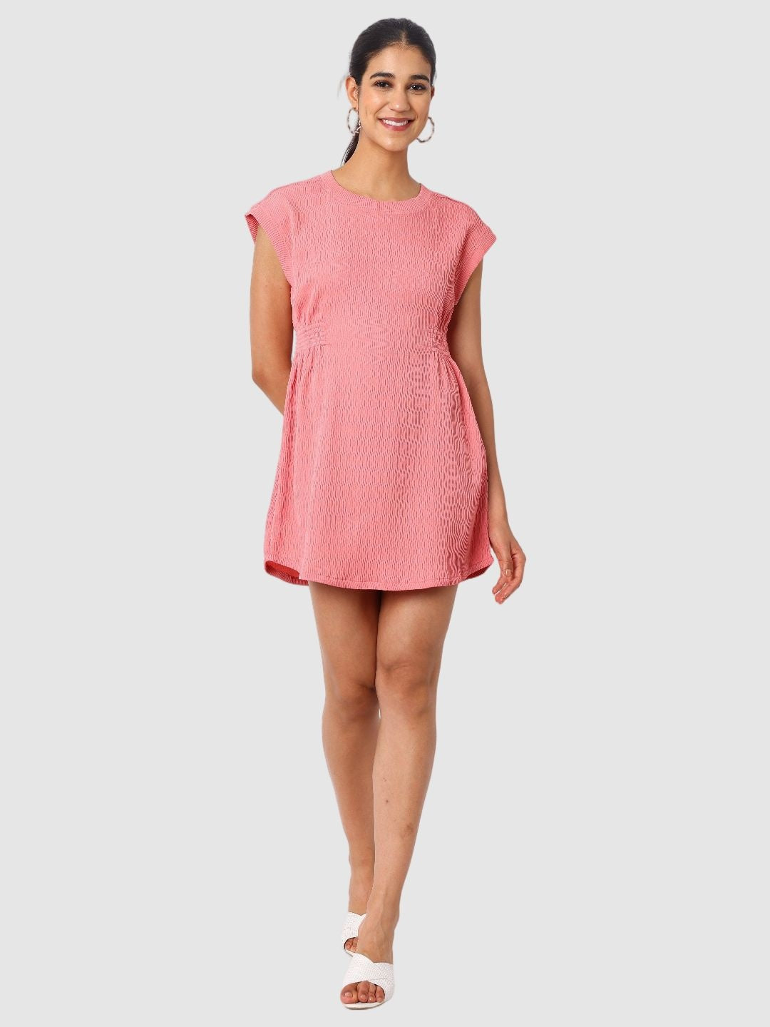 Women's Pink Fit Textured Mini Dress