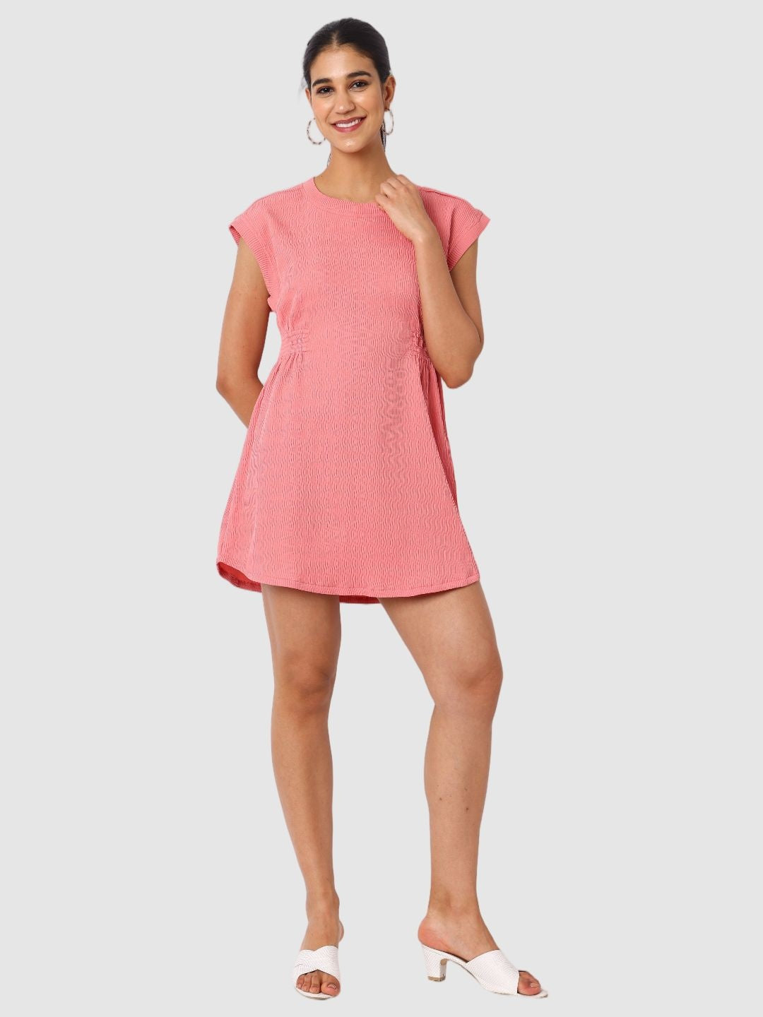 Women's Pink Fit Textured Mini Dress
