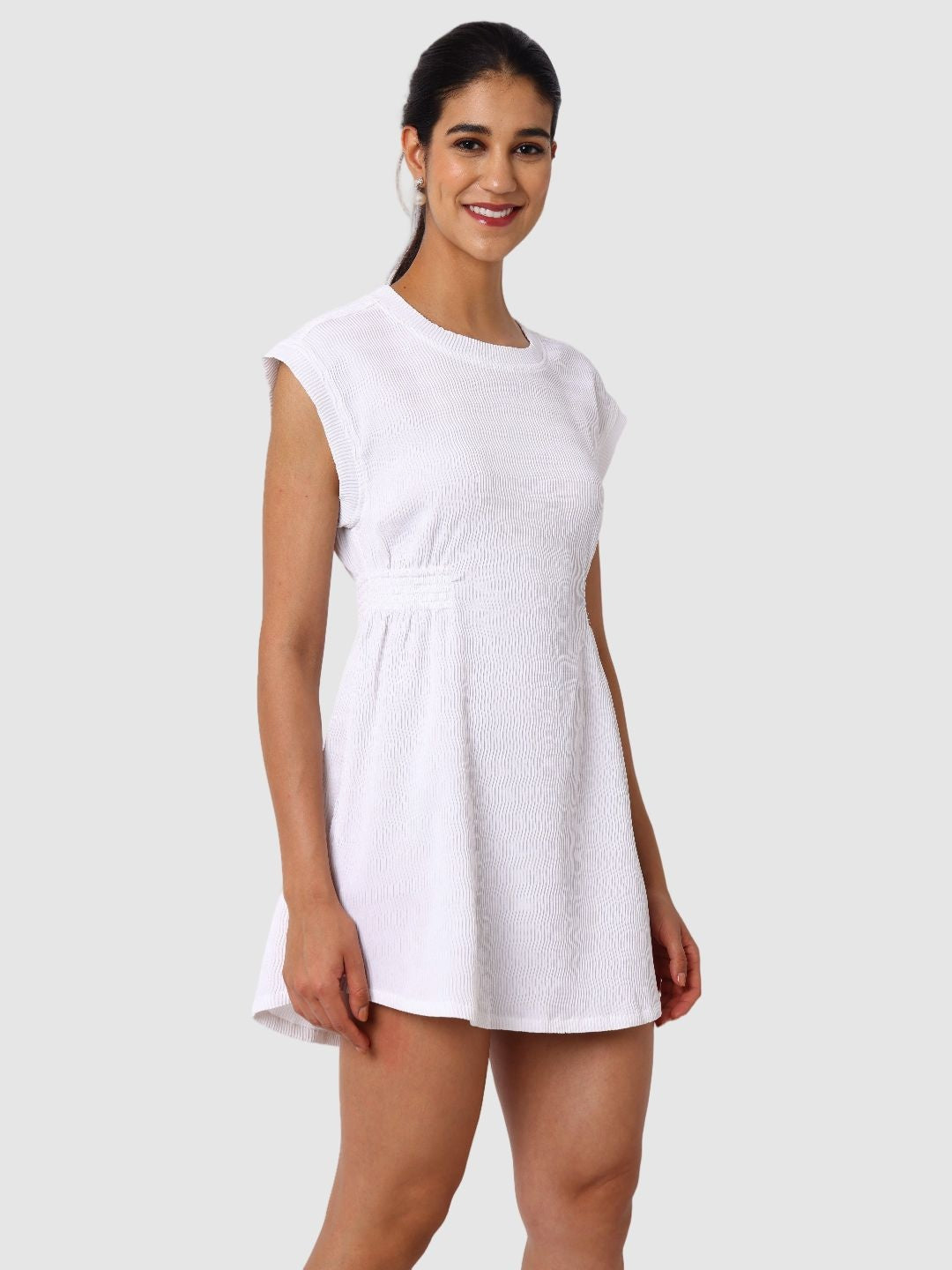 Women's White Fit Textured Mini Dress