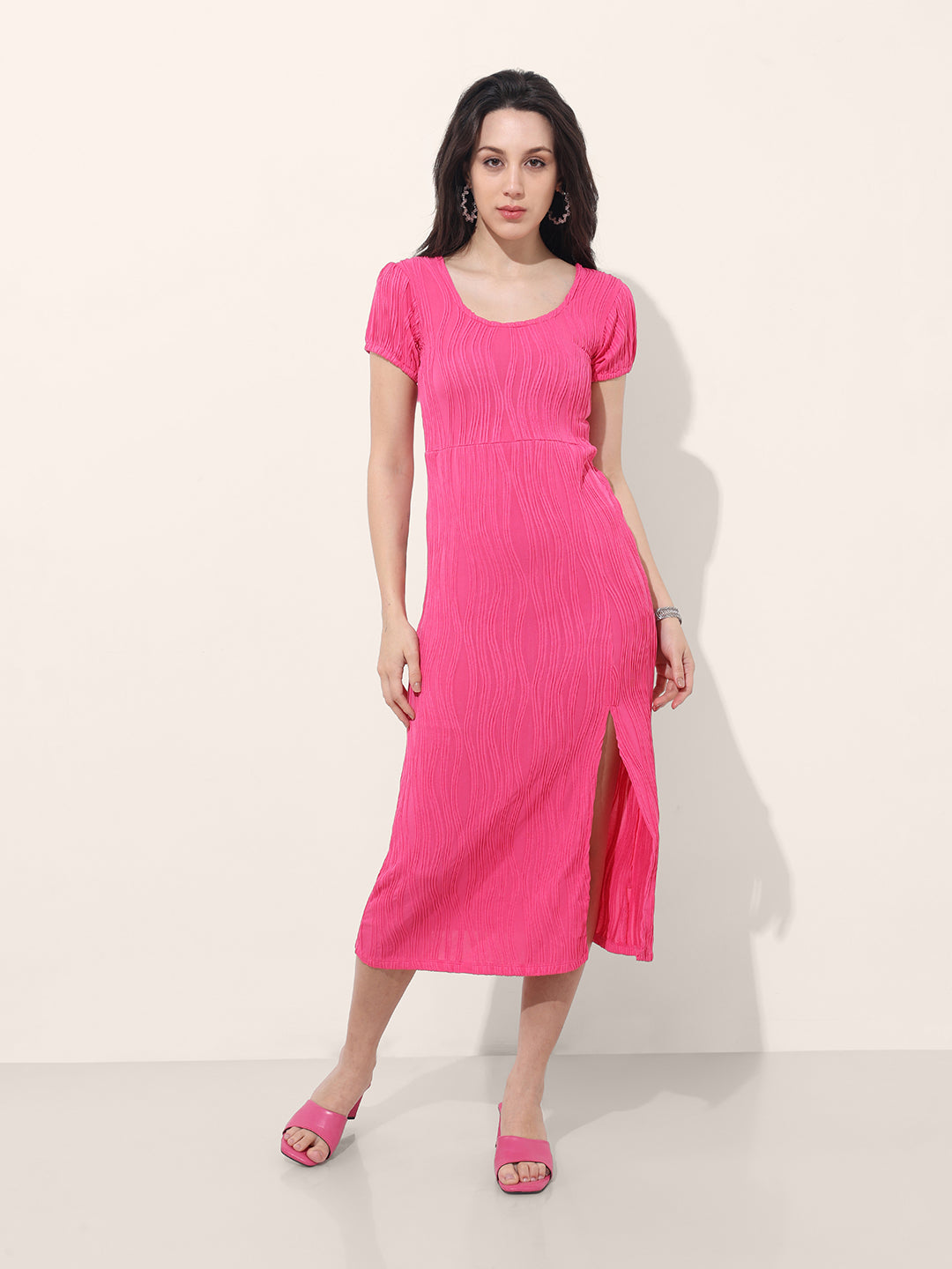 Women Regular Fit Pink Half Sleeves Dress