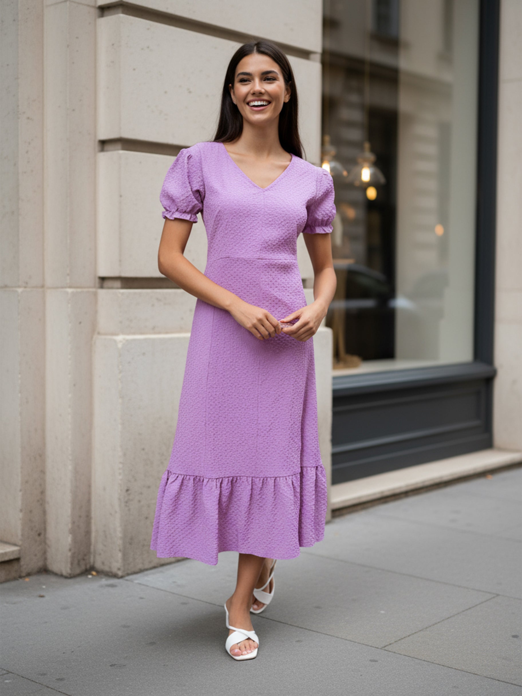 Women Regular Fit Purple Half Sleeves Dress