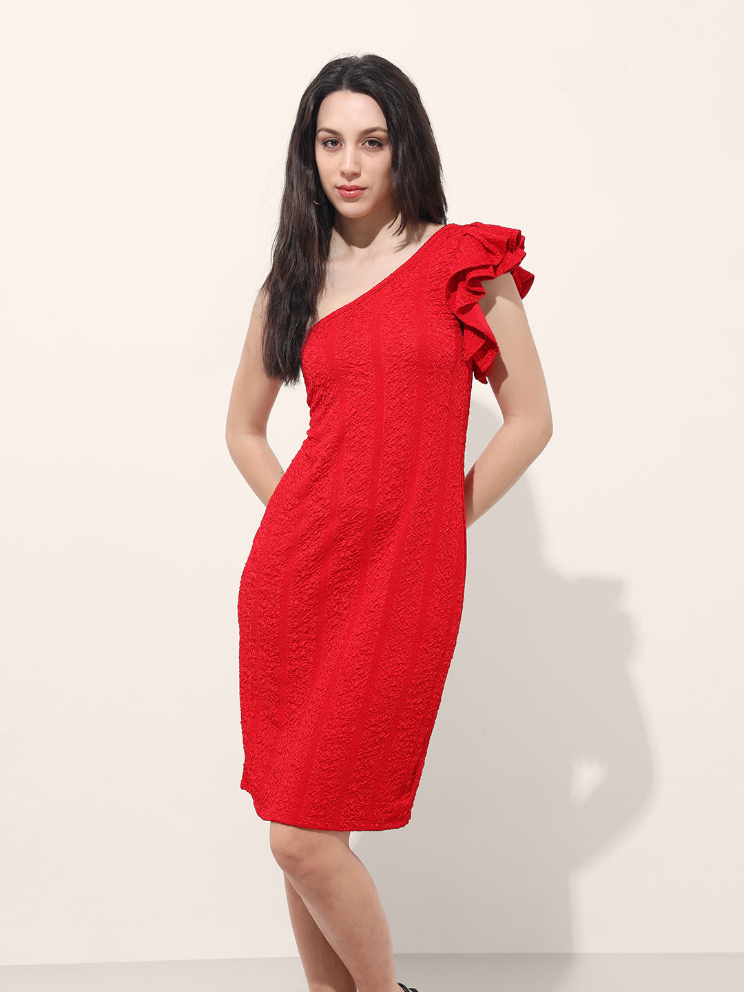 Freehand Women Fitted Textured One Shoulder Dress