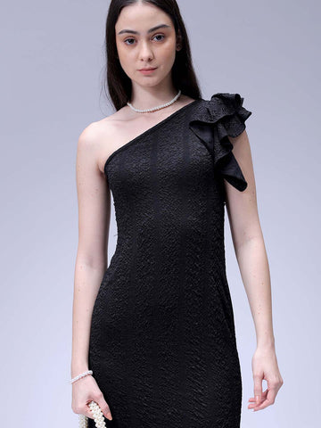 Women's Black Fitted Textured One Shoulder Dress