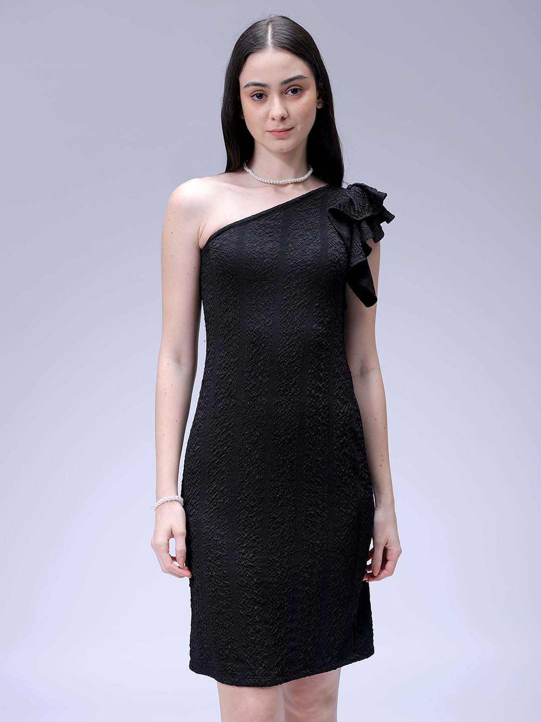 Women's Black Fitted Textured One Shoulder Dress