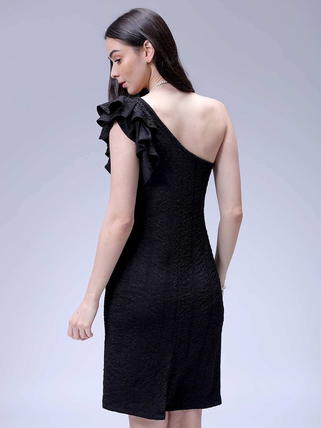 Women's Black Fitted Textured One Shoulder Dress