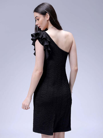 Women's Black Fitted Textured One Shoulder Dress