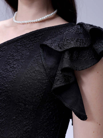 Women's Black Fitted Textured One Shoulder Dress
