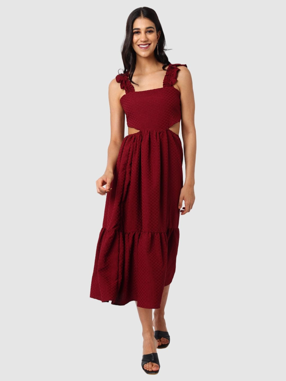 Women's Maroon and Flared Textured Maxi Dress