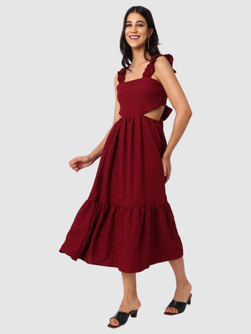 Women's Maroon and Flared Textured Maxi Dress