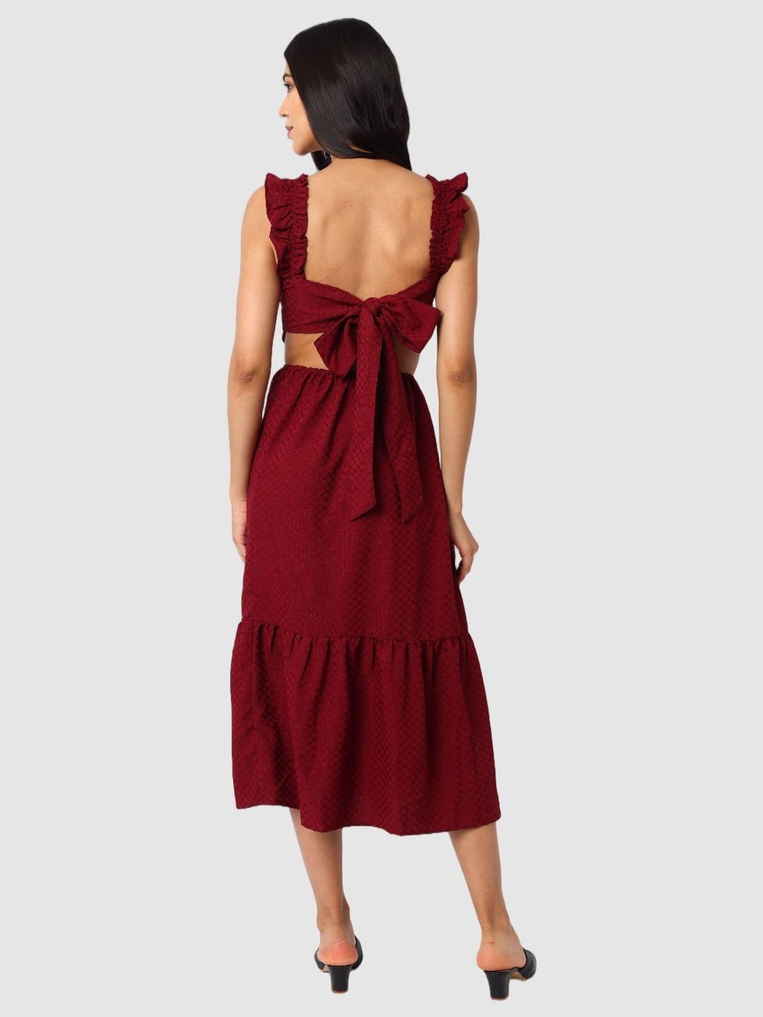 Women's Maroon and Flared Textured Maxi Dress