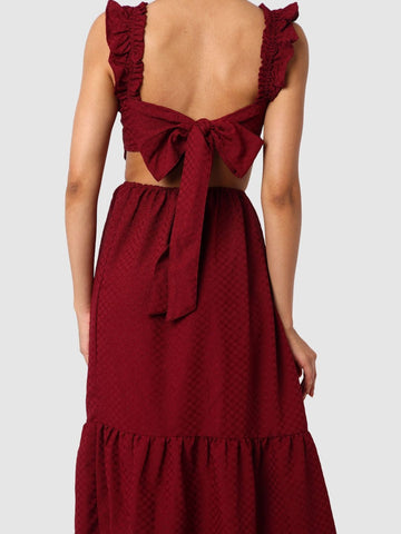 Women's Maroon and Flared Textured Maxi Dress