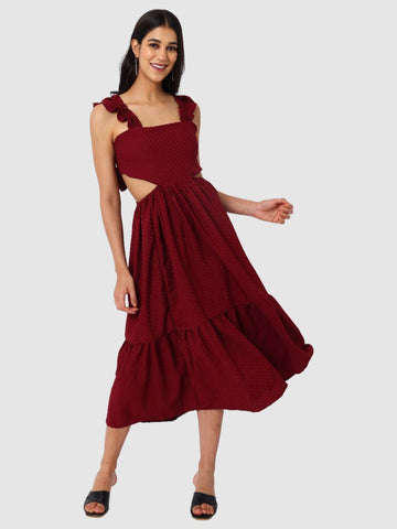 Women's Maroon and Flared Textured Maxi Dress