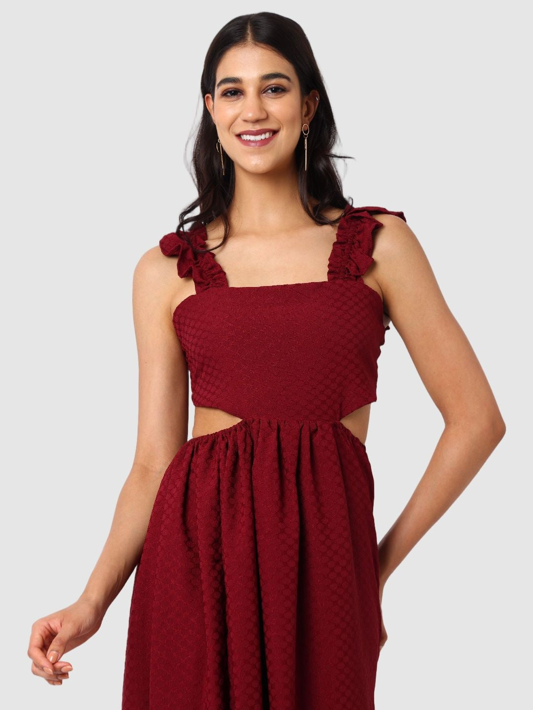 Women's Maroon and Flared Textured Maxi Dress