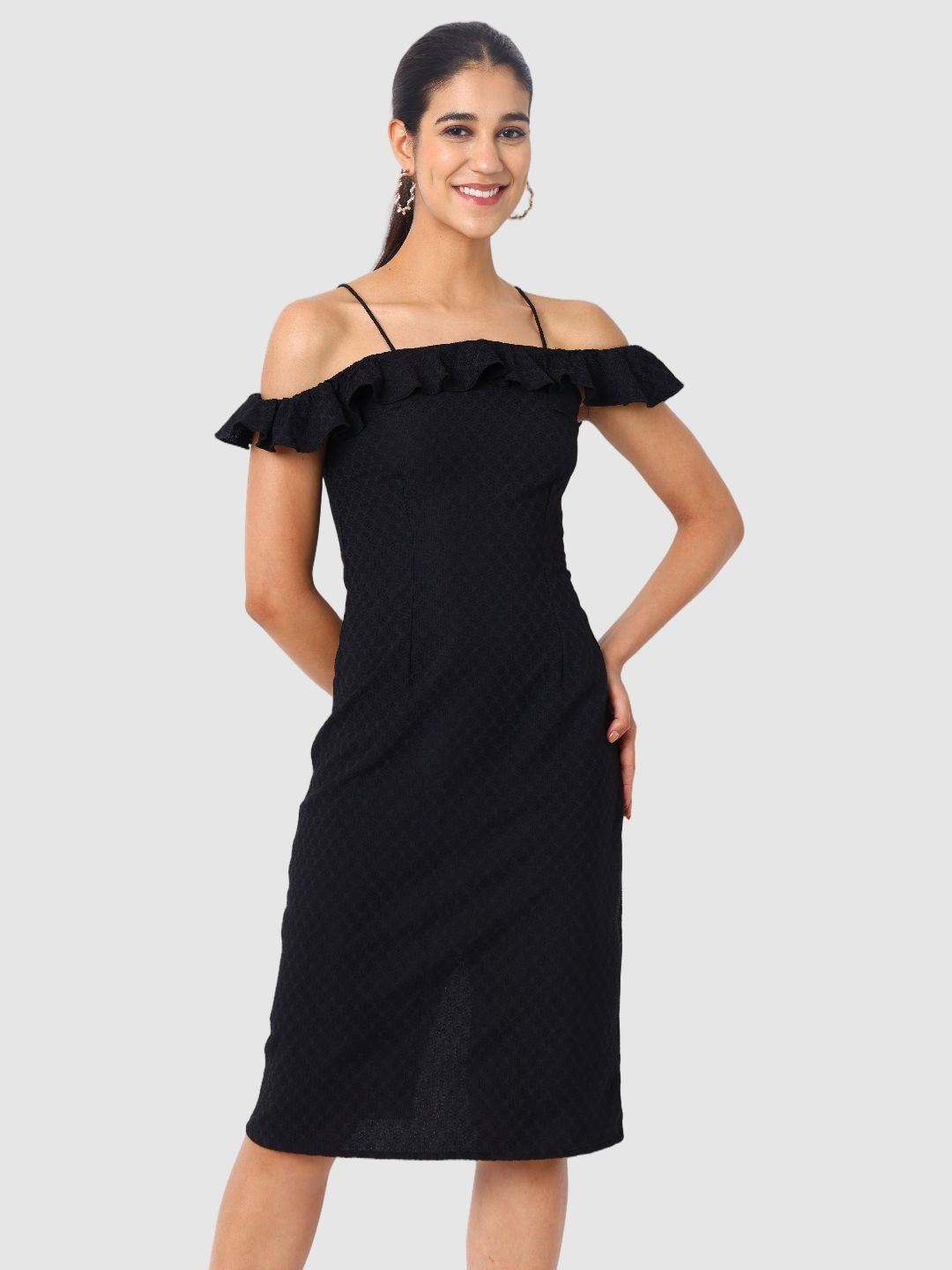 Women's Black Textured Ruffle Dress