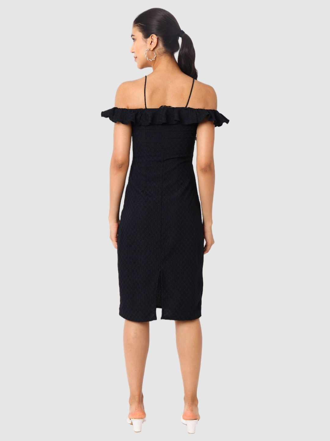 Women's Black Textured Ruffle Dress