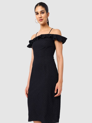 Women's Black Textured Ruffle Dress