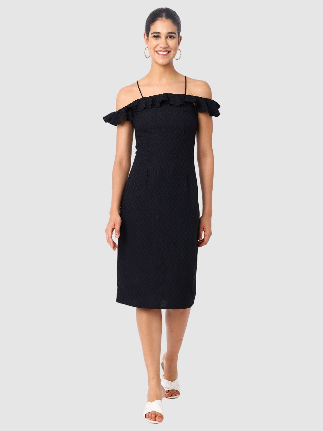 Women's Black Textured Ruffle Dress