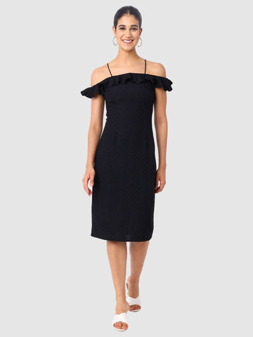 Women's Black Textured Ruffle Dress