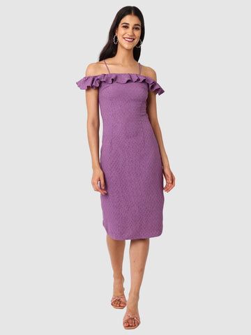 Women's Purple Textured Ruffle Dress
