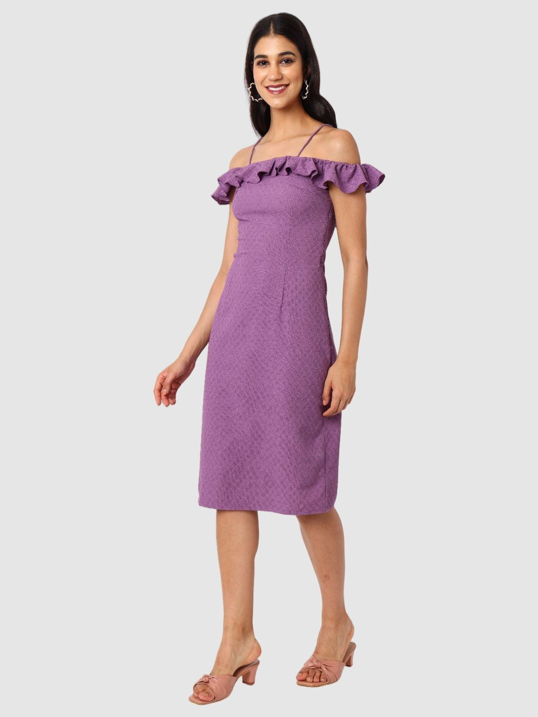 Women's Purple Textured Ruffle Dress