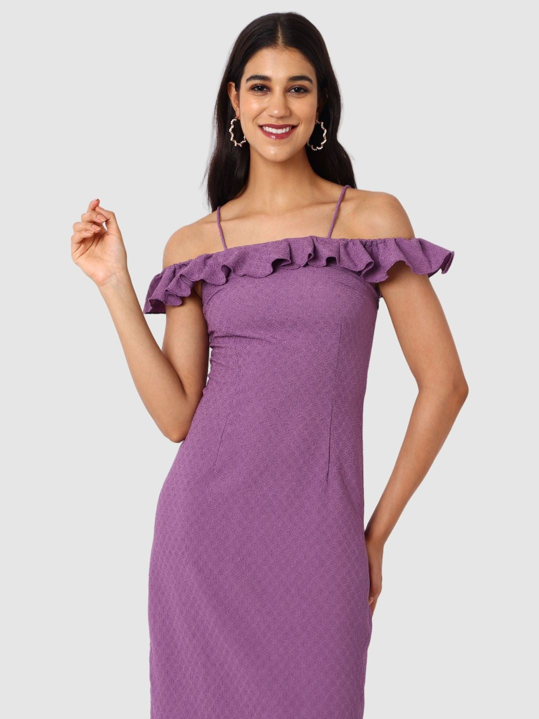 Women's Purple Textured Ruffle Dress