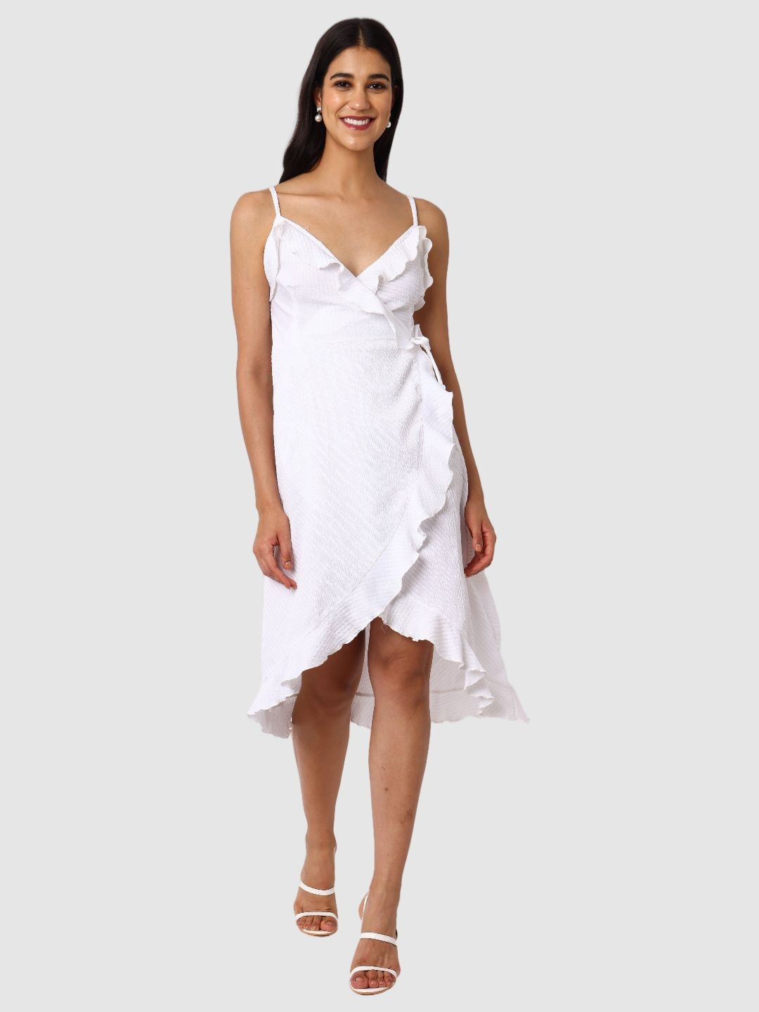 Women's White and Flared Textured Wrap Dress