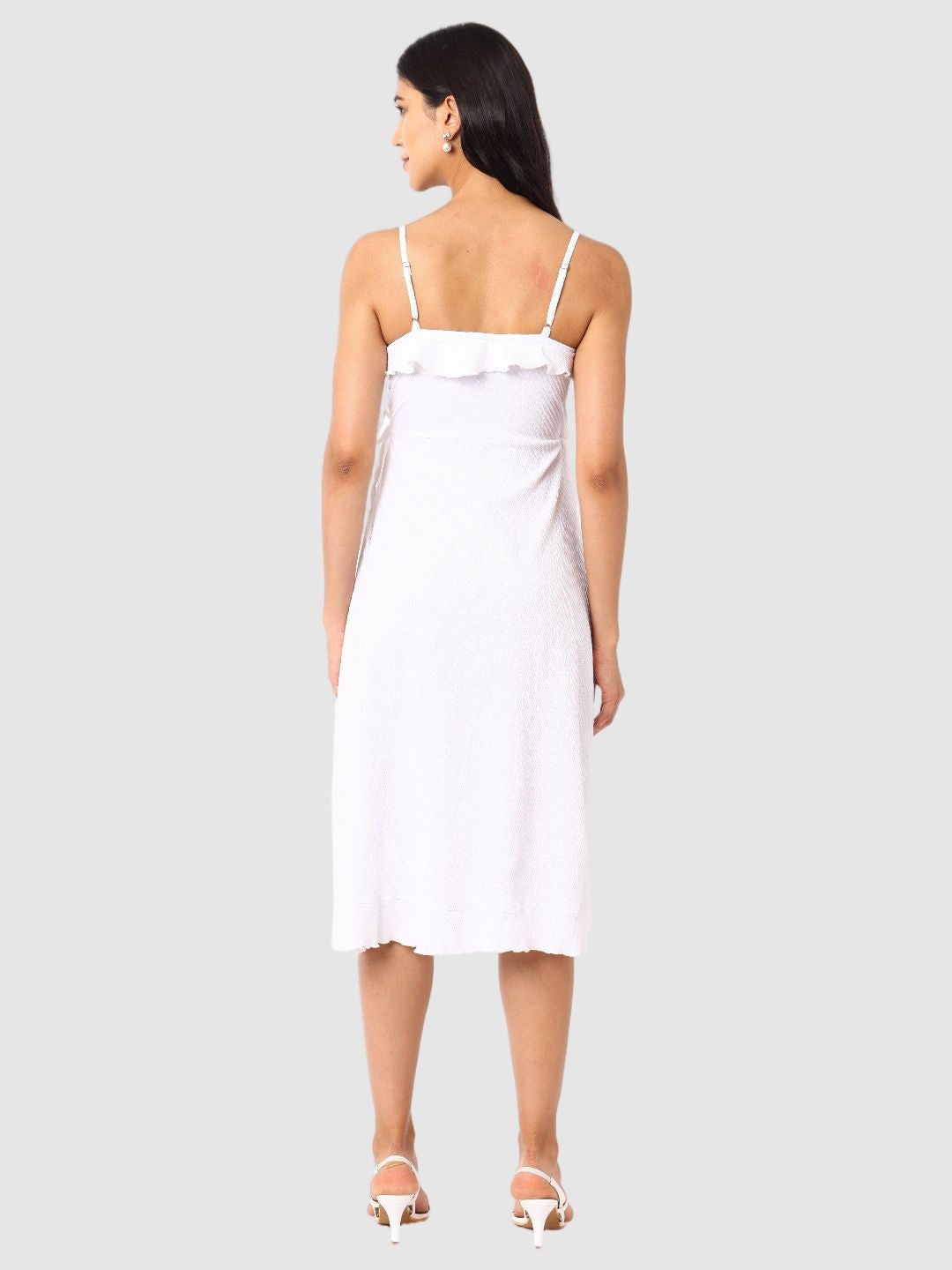 Women's White and Flared Textured Wrap Dress
