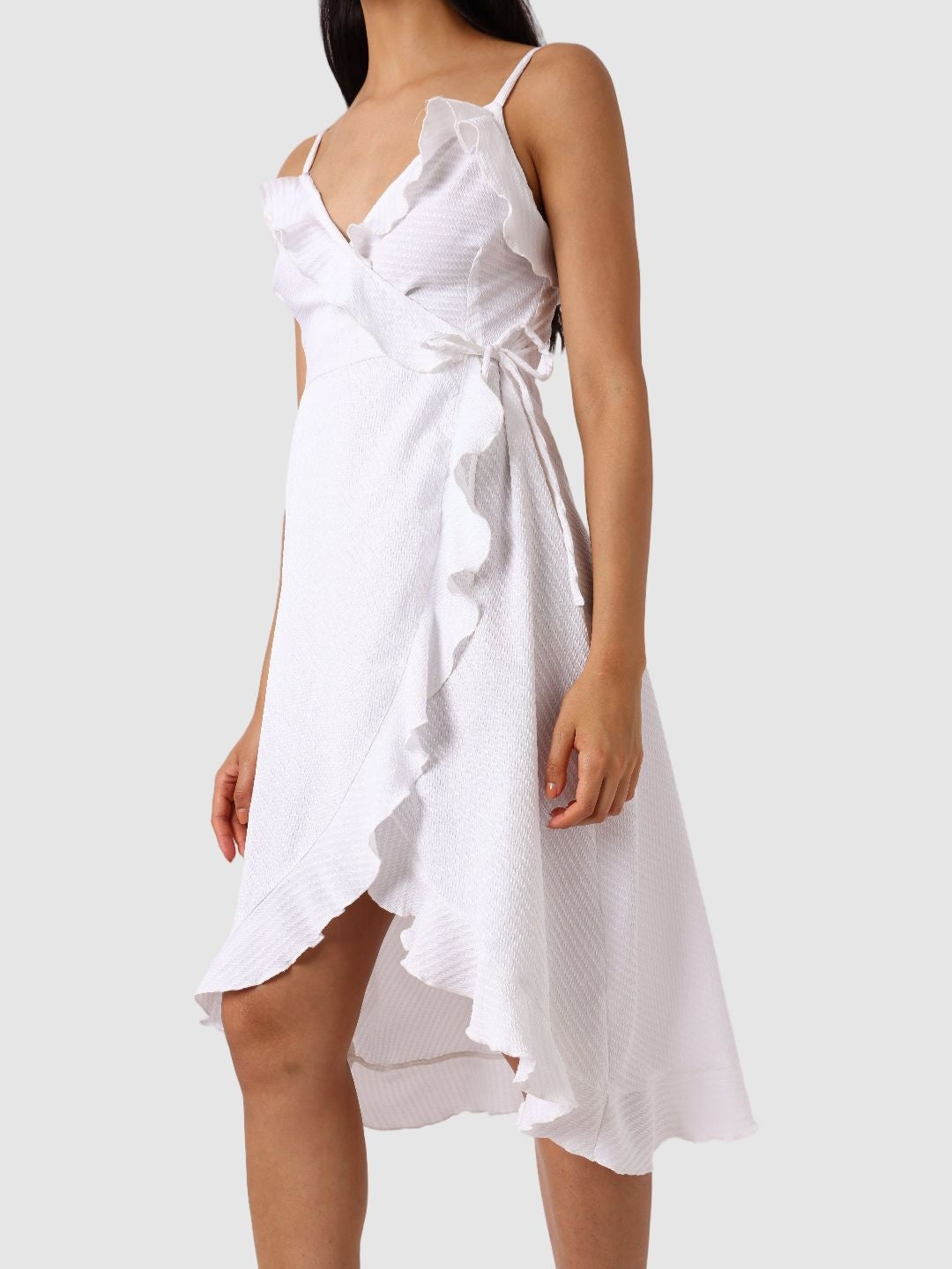 Women's White and Flared Textured Wrap Dress