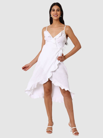 Women's White and Flared Textured Wrap Dress
